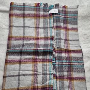 Plaid Fringe Blanket Scarf in White, Gray, Teal & Mustard